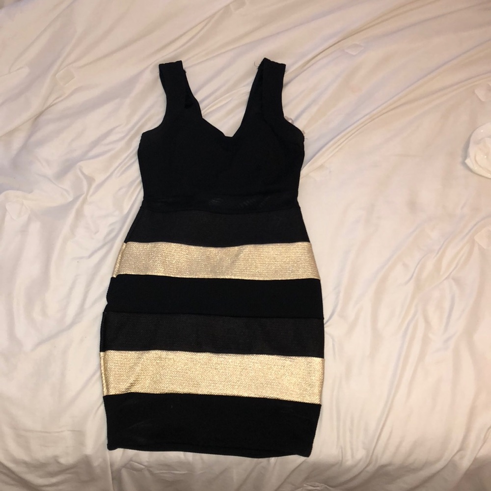 Black and gold mini dress